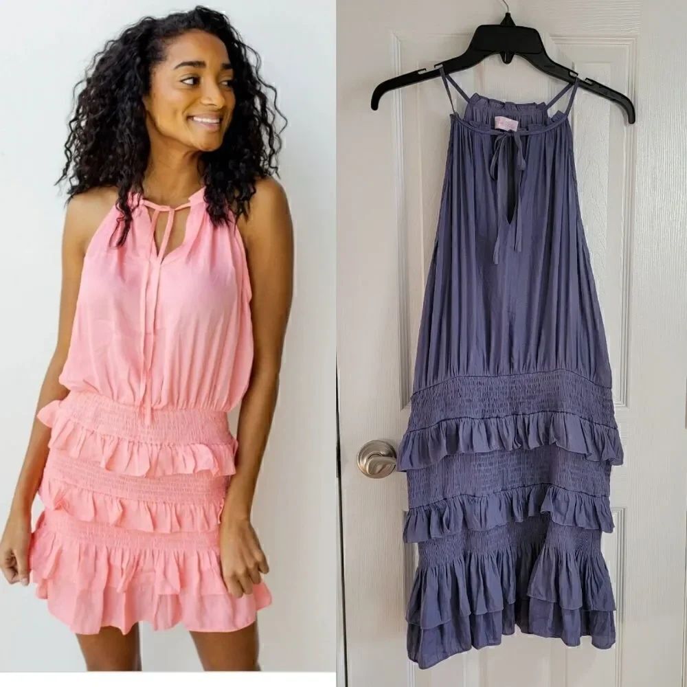 Pink Lily Ruffle Tie Neck Silk Dress L